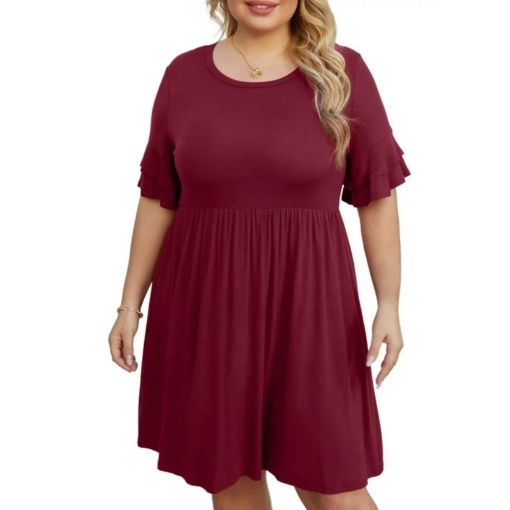 Cueply Double Ruffle Short sleeve Crewneck Tshirt dress Maroon Size 3X